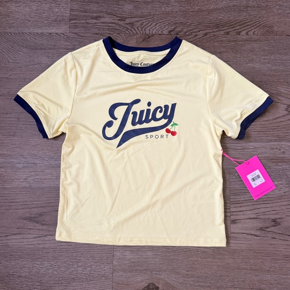 Juicy Couture Sport Cherry Baby Tee Ringer Crop Top Lemonade Yellow Size S NWT - Picture 2 of 8